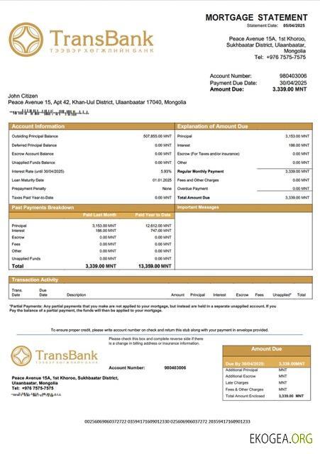 Modèle Word et PDF de relevé hypothécaire de la Mongolie Trans Bank
